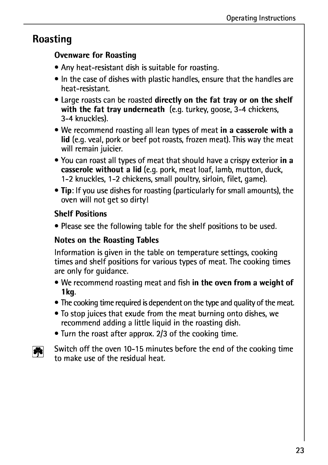 AEG 2003 F operating instructions Ovenware for Roasting, Notes on the Roasting Tables, Shelf Positions 
