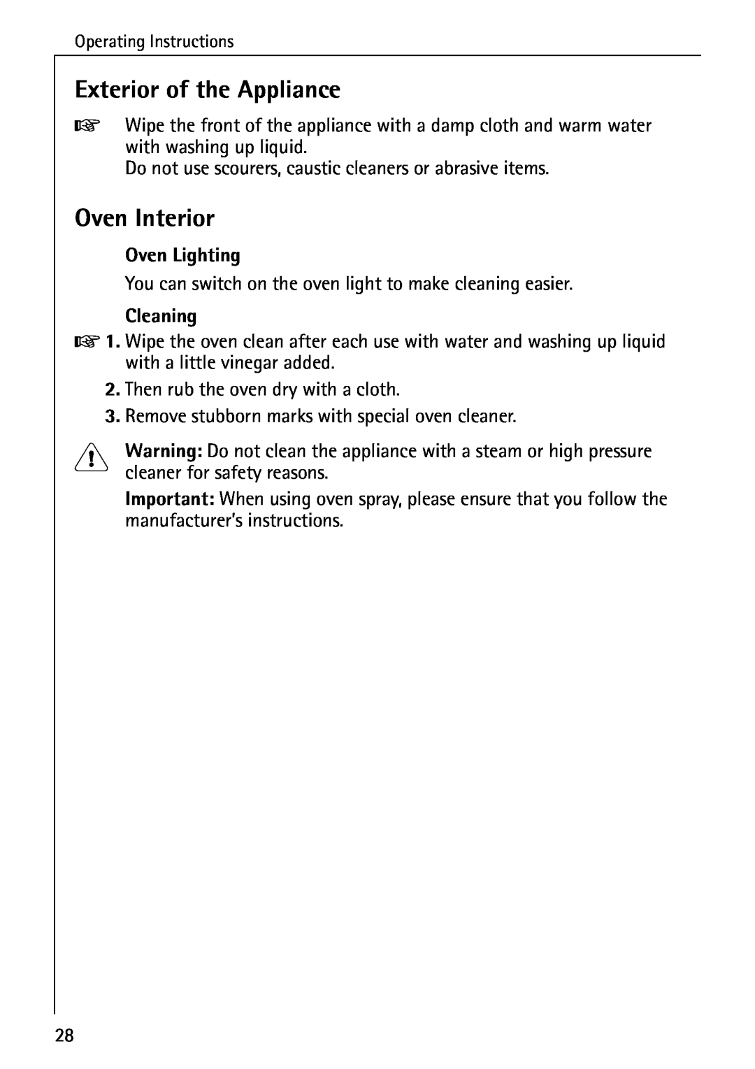 AEG 2003 F operating instructions Exterior of the Appliance, Oven Interior, Oven Lighting, Cleaning 