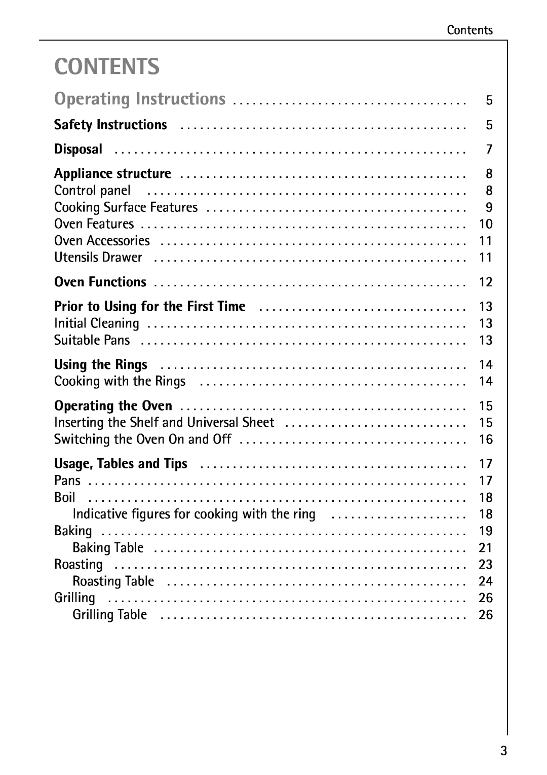 AEG 2003 F operating instructions Contents, Indicative figures for cooking with the ring 