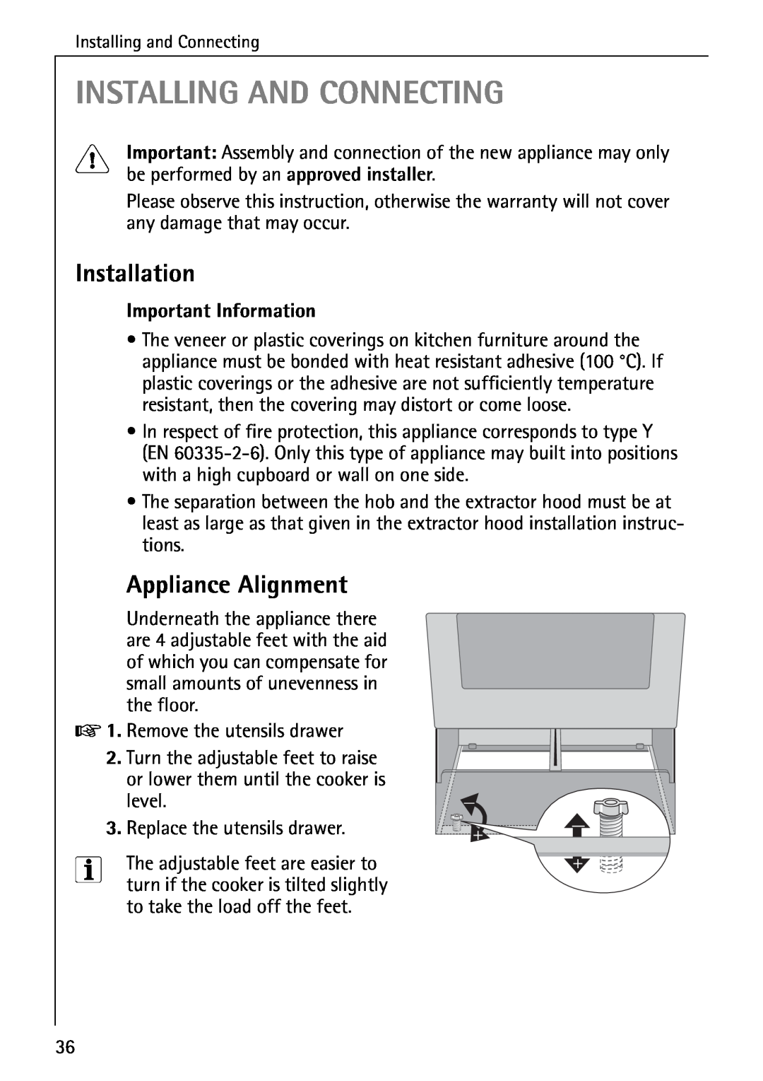 AEG 2003 F operating instructions Installing And Connecting, Installation, Appliance Alignment, Important Information 