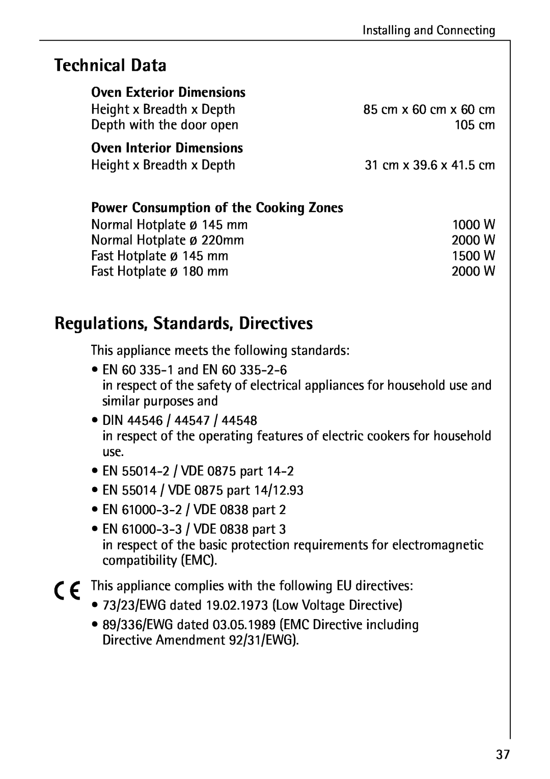 AEG 2003 F Technical Data, Regulations, Standards, Directives, Oven Exterior Dimensions, Oven Interior Dimensions 