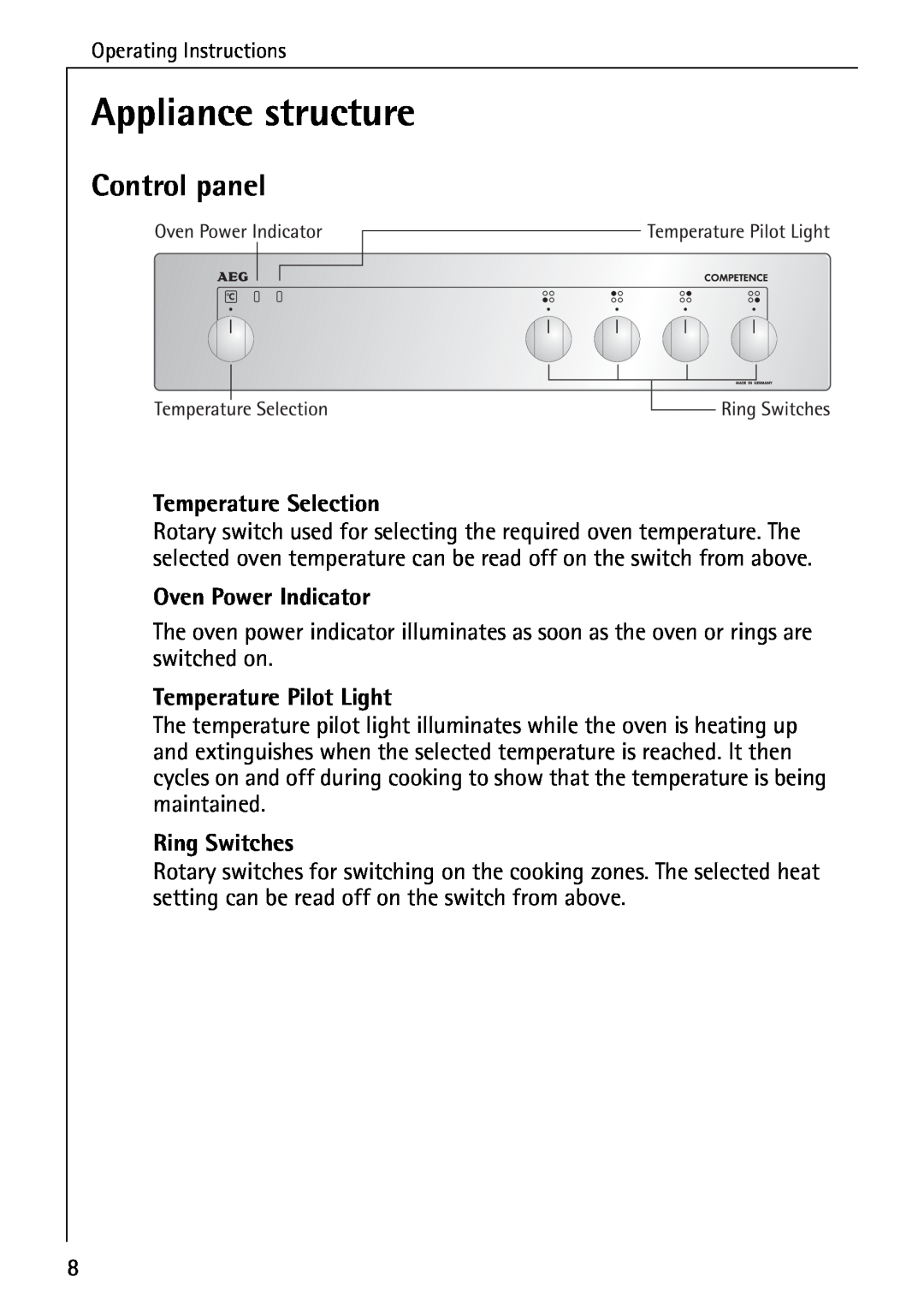 AEG 2003 F Appliance structure, Control panel, Temperature Selection, Oven Power Indicator, Temperature Pilot Light 