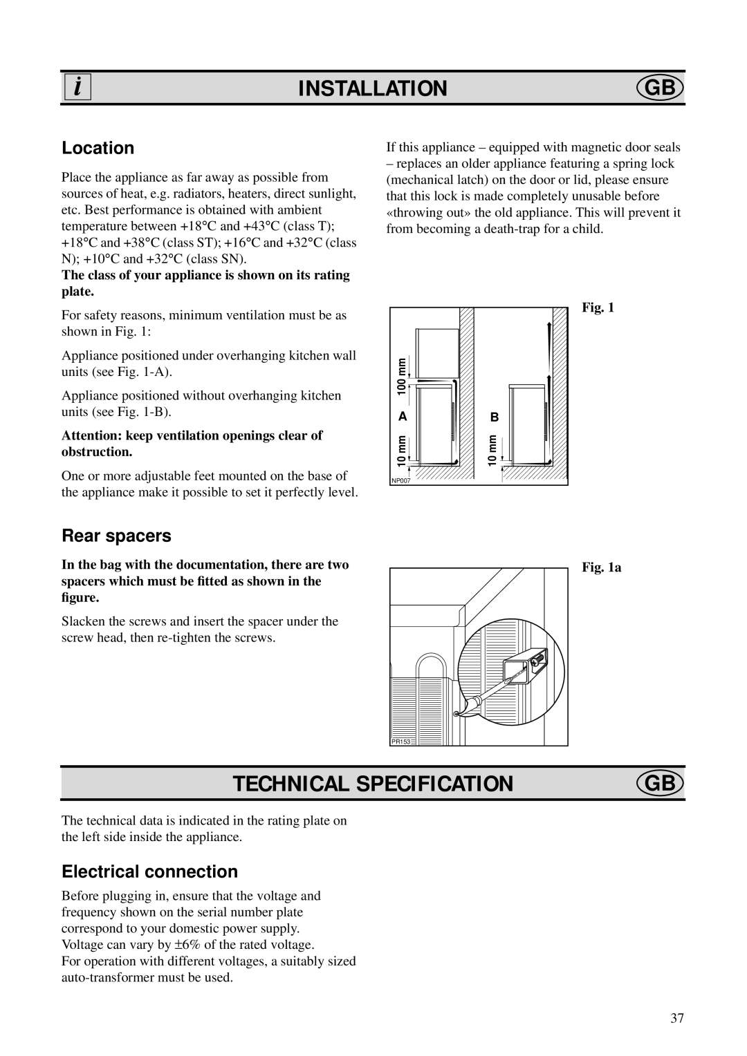 AEG 204-4 GS, 2073-4 GS manual Installationgb, Technical Specification, Location, Rear spacers, Electrical connection 