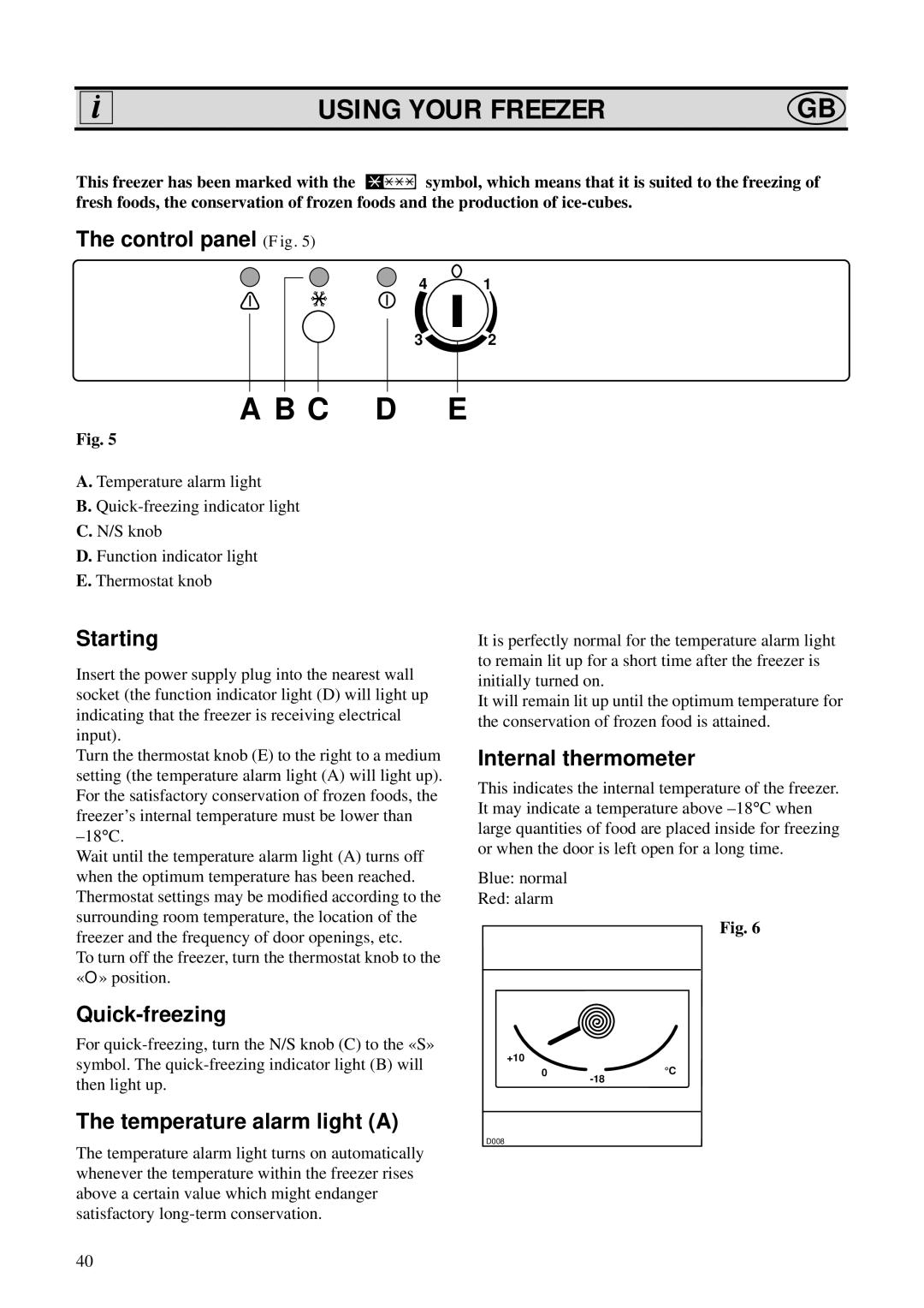 AEG 2073-4 GS manual Using Your Freezer, The control panel Fig, Starting, Internal thermometer, Quick-freezing, A B C D E 