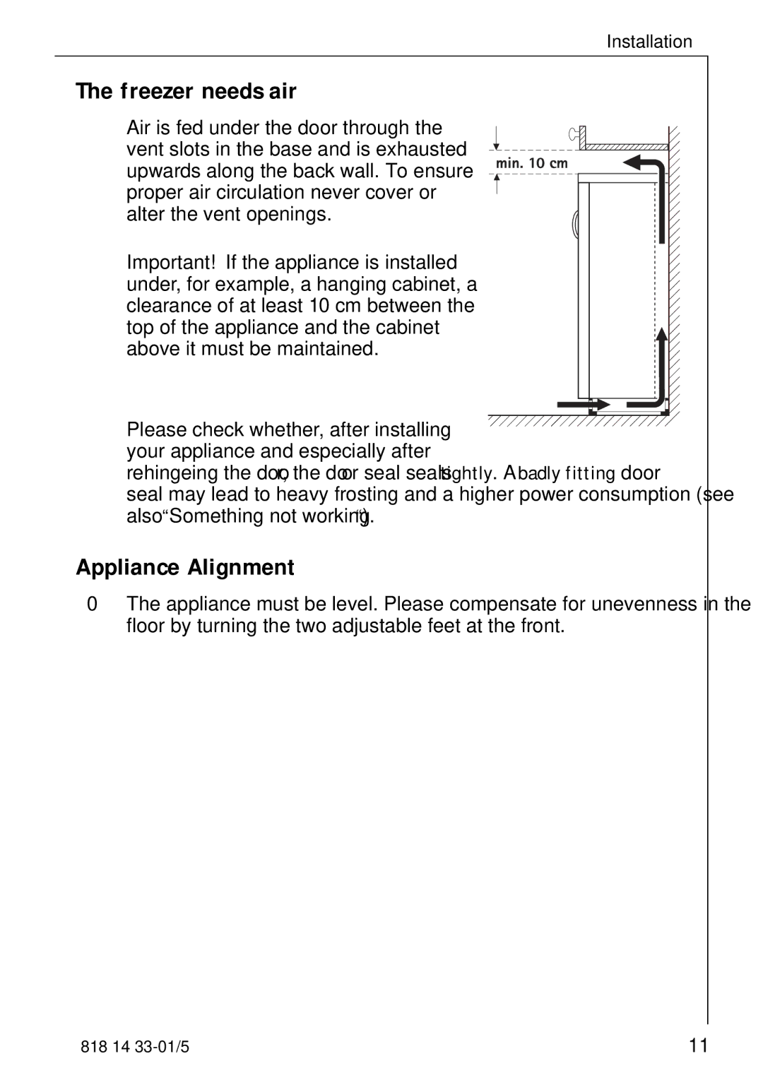 AEG 2150-6GS manual Freezer needs air, Appliance Alignment 