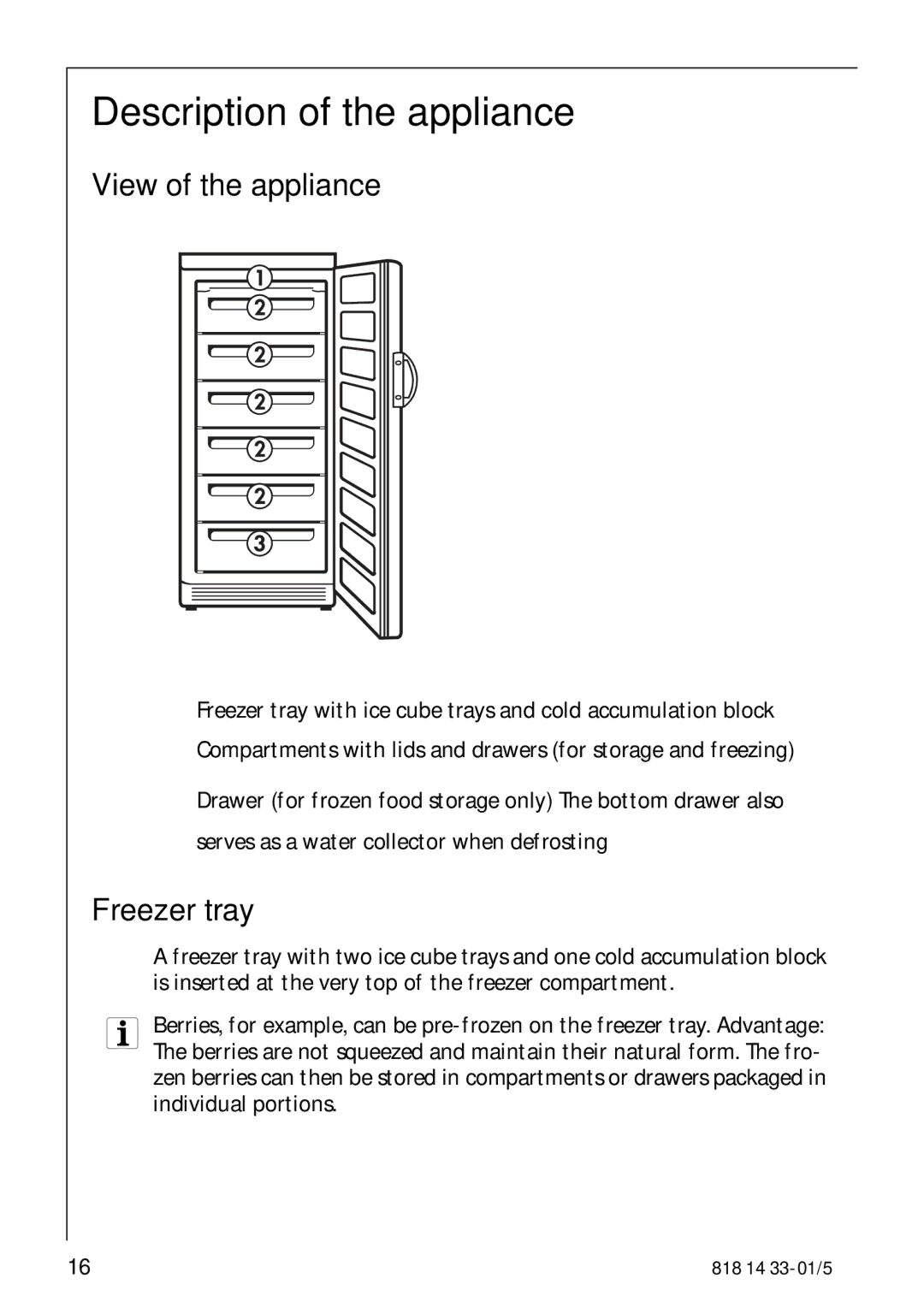 AEG 2150-6GS manual Description of the appliance, View of the appliance, Freezer tray 