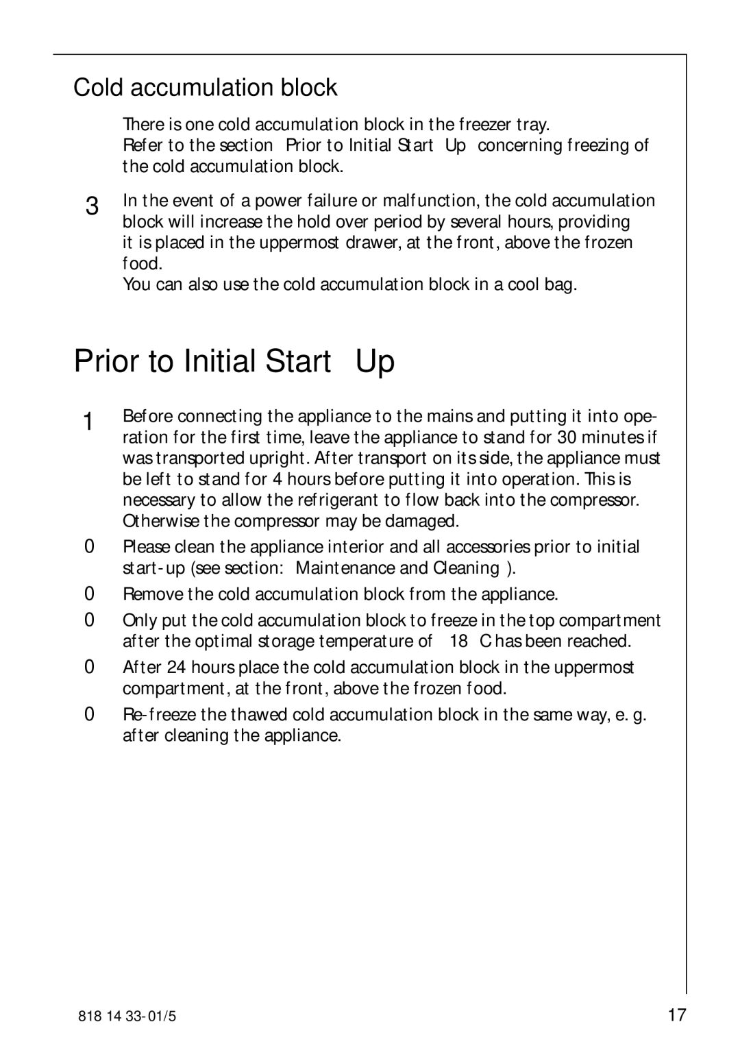 AEG 2150-6GS manual Prior to Initial Start-Up, Cold accumulation block 