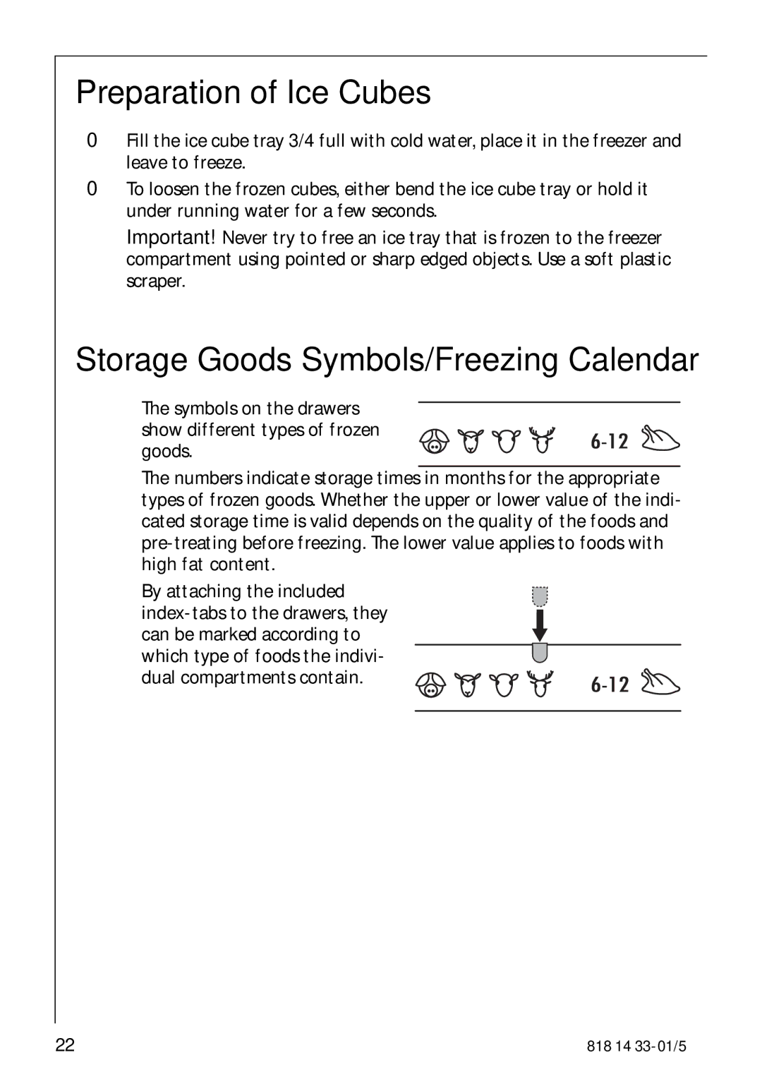 AEG 2150-6GS manual Preparation of Ice Cubes, Storage Goods Symbols/Freezing Calendar 