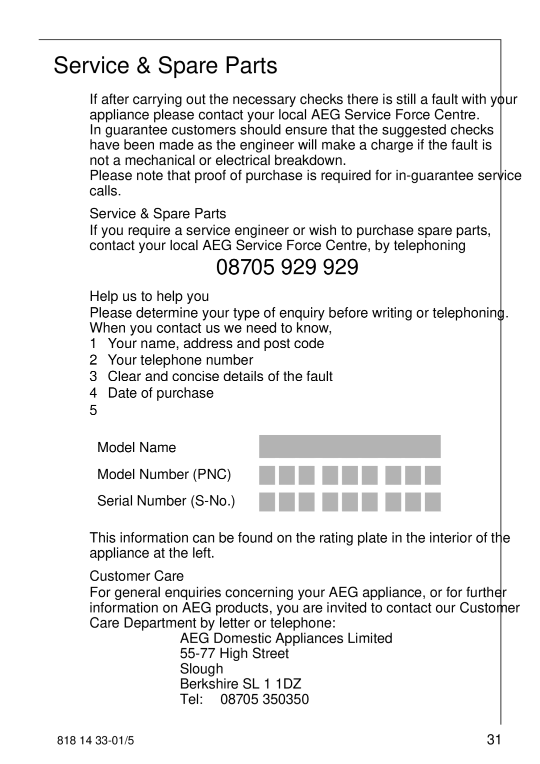 AEG 2150-6GS manual Service & Spare Parts, Help us to help you, Customer Care 