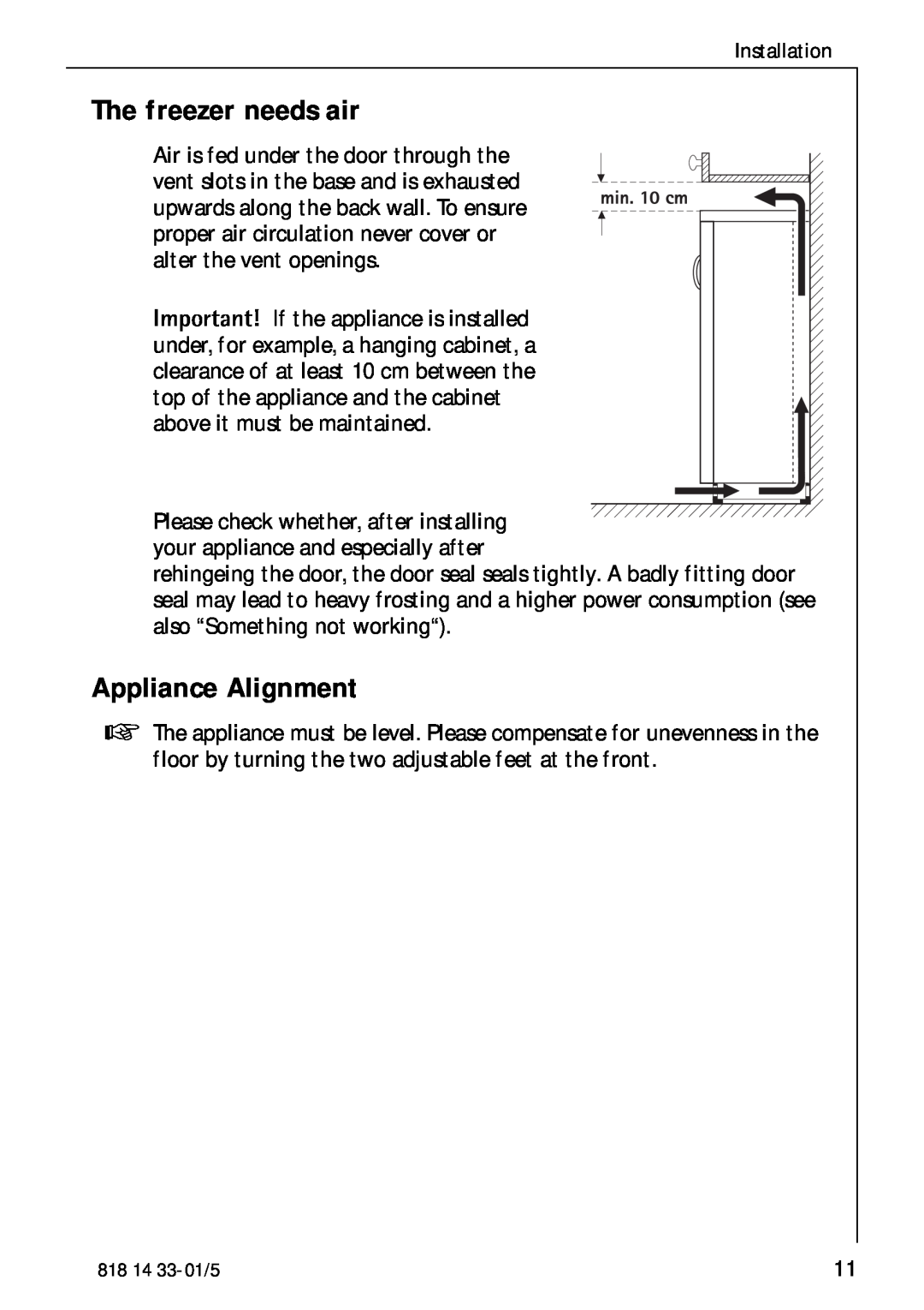 AEG 2150-6GS manual The freezer needs air, Appliance Alignment 