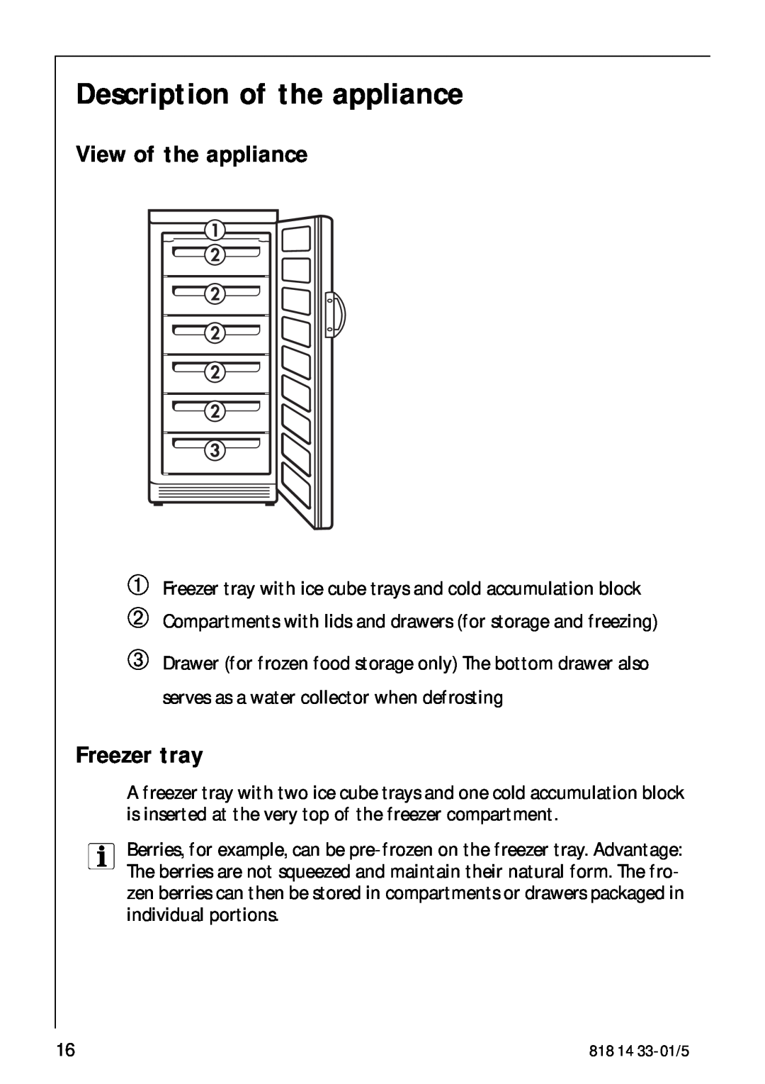 AEG 2150-6GS manual Description of the appliance, View of the appliance, Freezer tray 