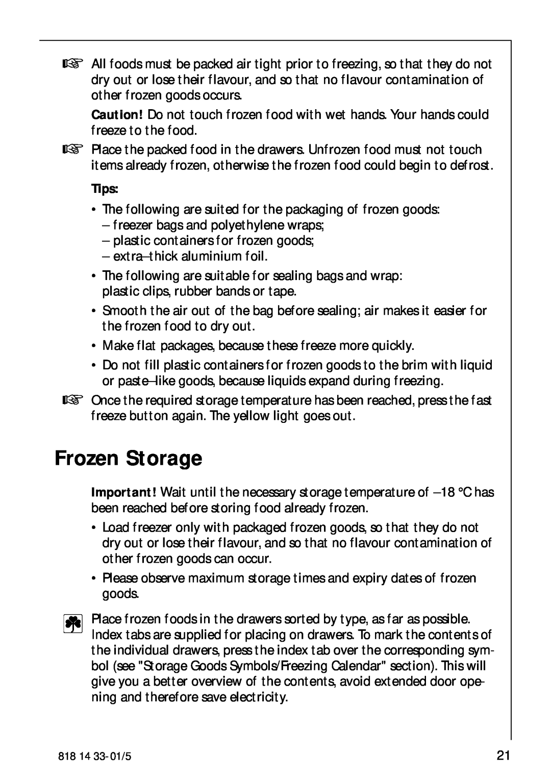 AEG 2150-6GS manual Frozen Storage, Tips 