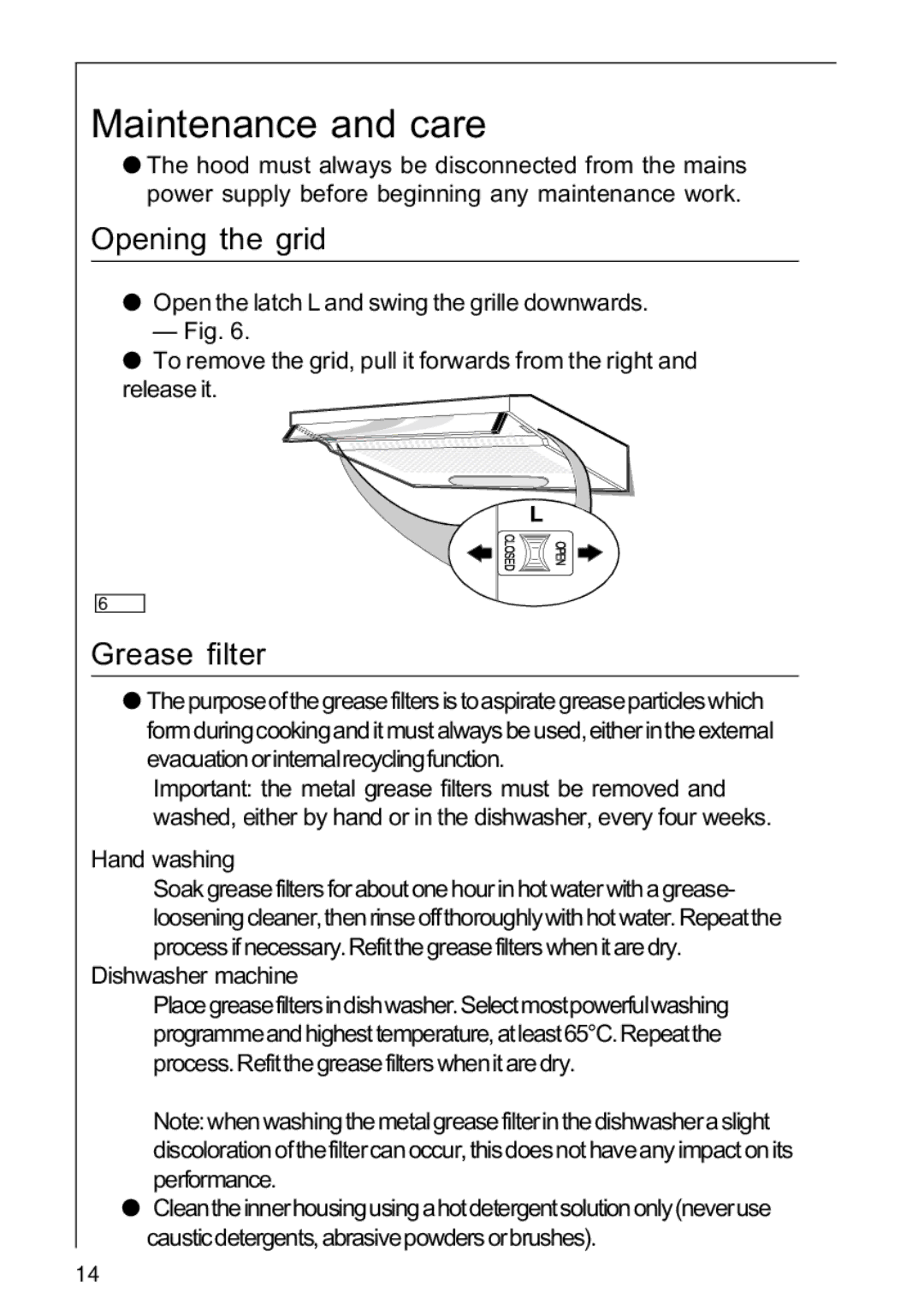 AEG 222D operating instructions Maintenance and care, Opening the grid, Grease filter 