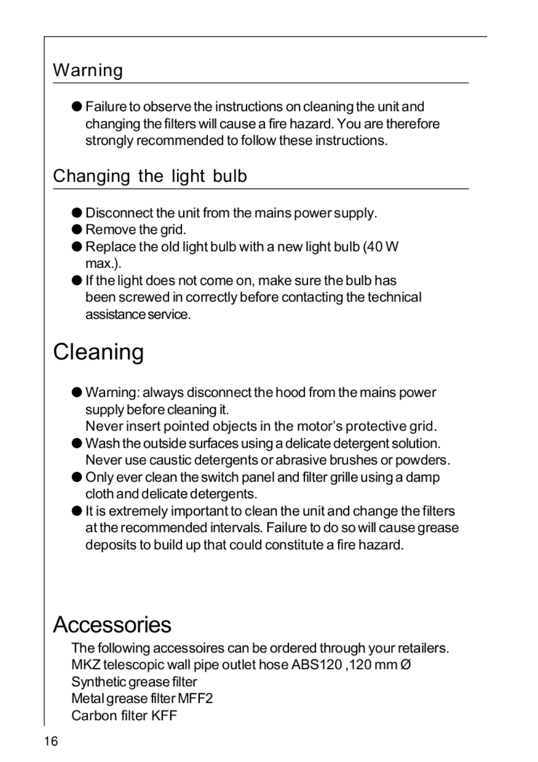 AEG 222D operating instructions Cleaning, Accessories, Changing the light bulb 