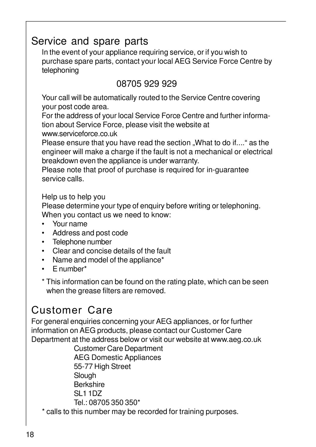 AEG 222D operating instructions Service and spare parts, Customer Care 