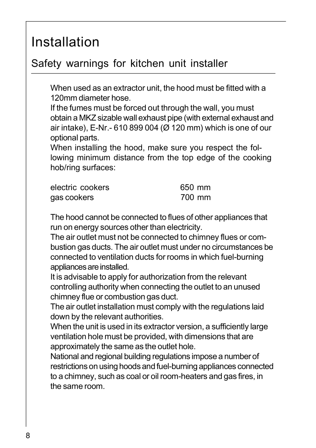 AEG 222D operating instructions Installation, Safety warnings for kitchen unit installer 