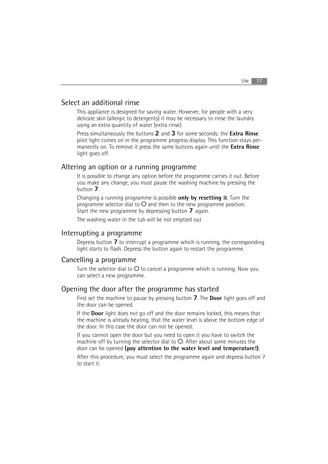 AEG 2252 F user manual Select an additional rinse, Altering an option or a running programme, Interrupting a programme 