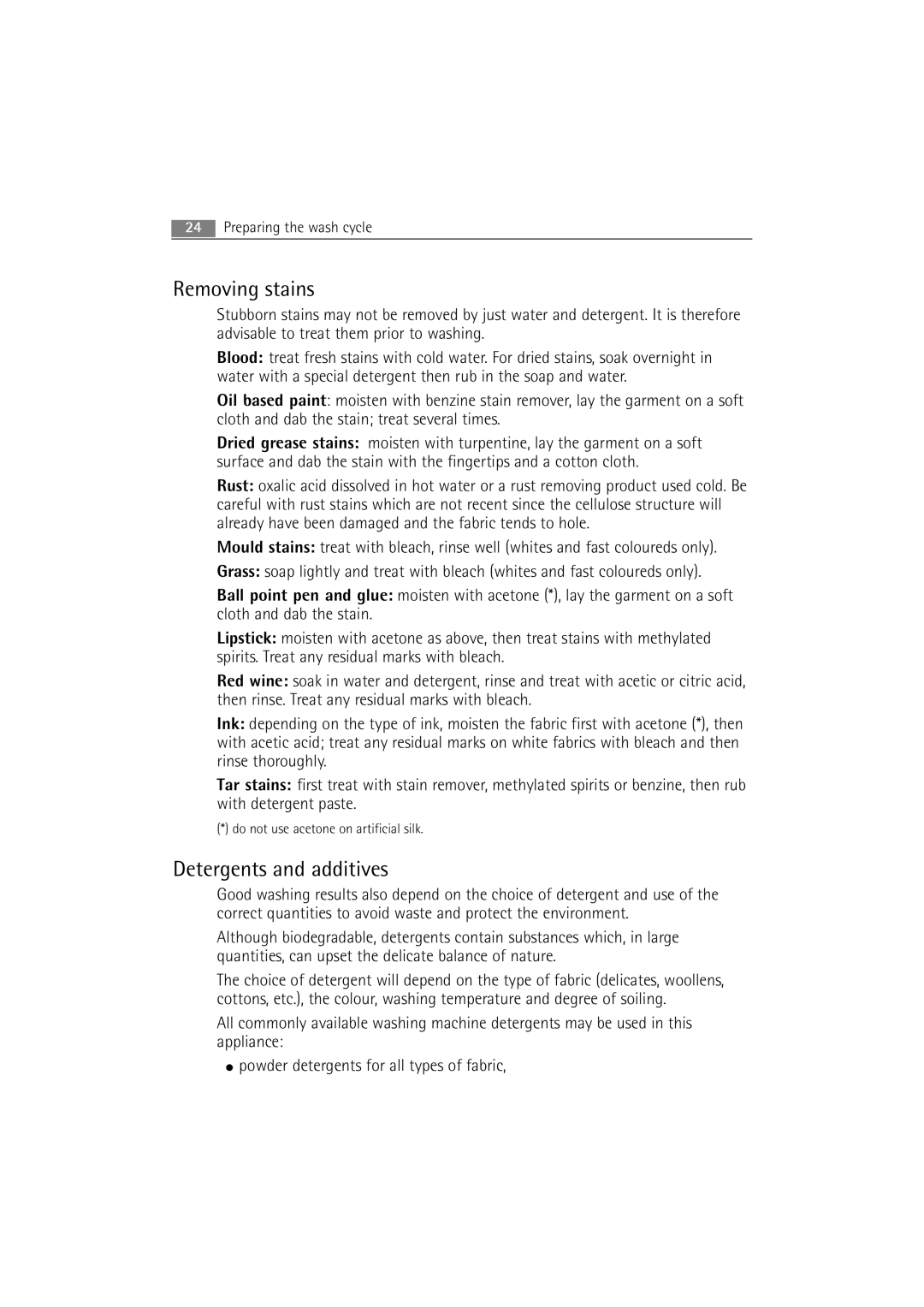 AEG 2252 F user manual Removing stains, Detergents and additives 