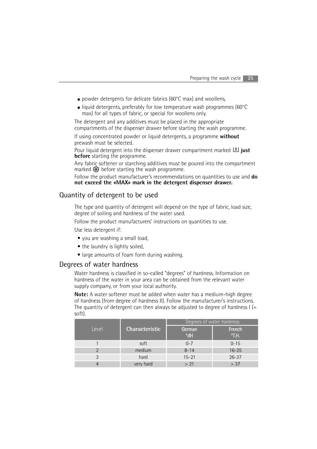 AEG 2252 F Quantity of detergent to be used, Degrees of water hardness, Marked before starting the wash programme 