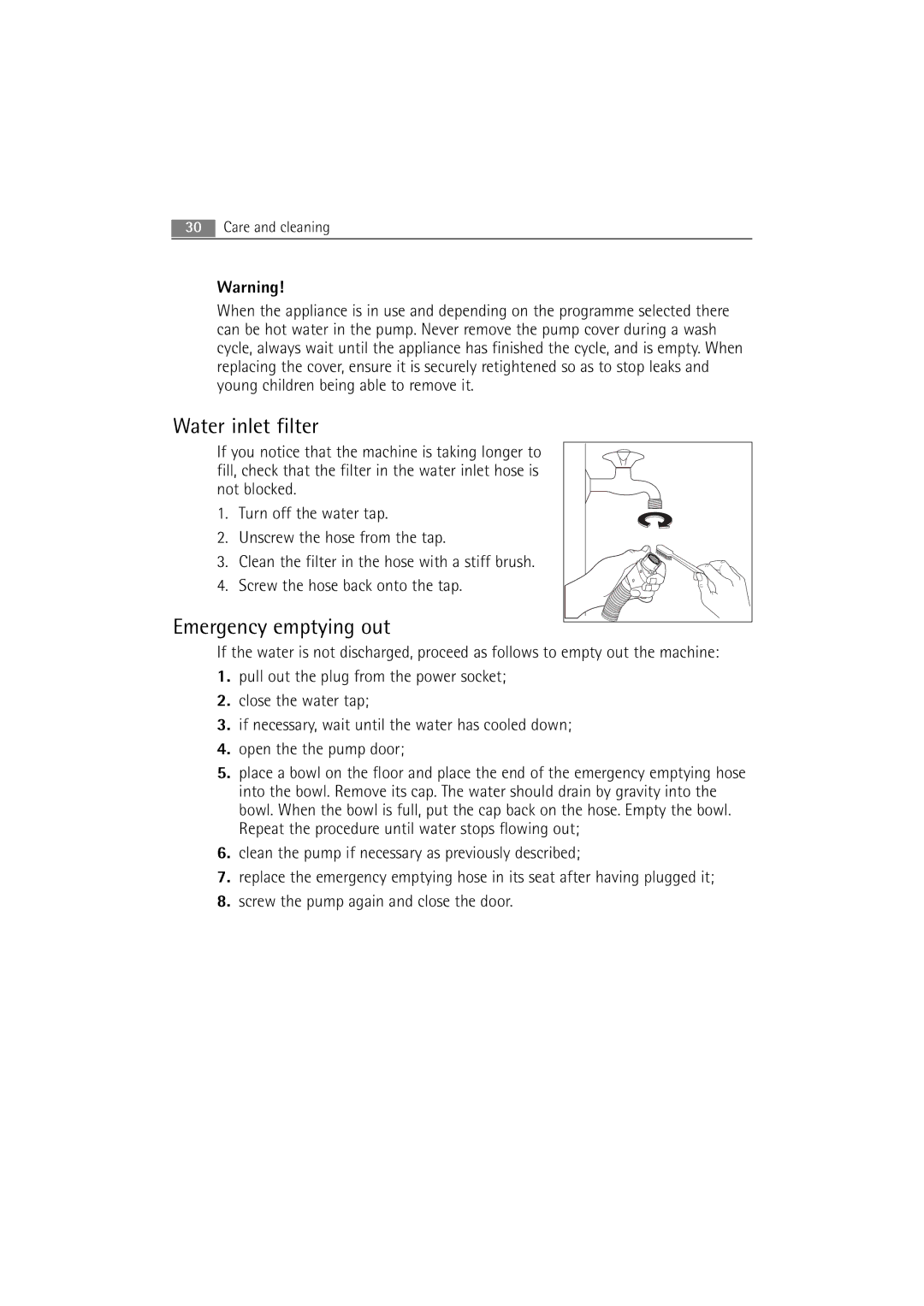 AEG 2252 F user manual Water inlet filter, Emergency emptying out 