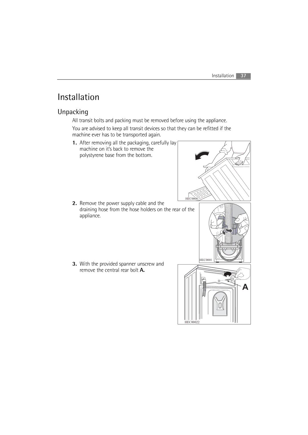 AEG 2252 F user manual Installation, Unpacking 