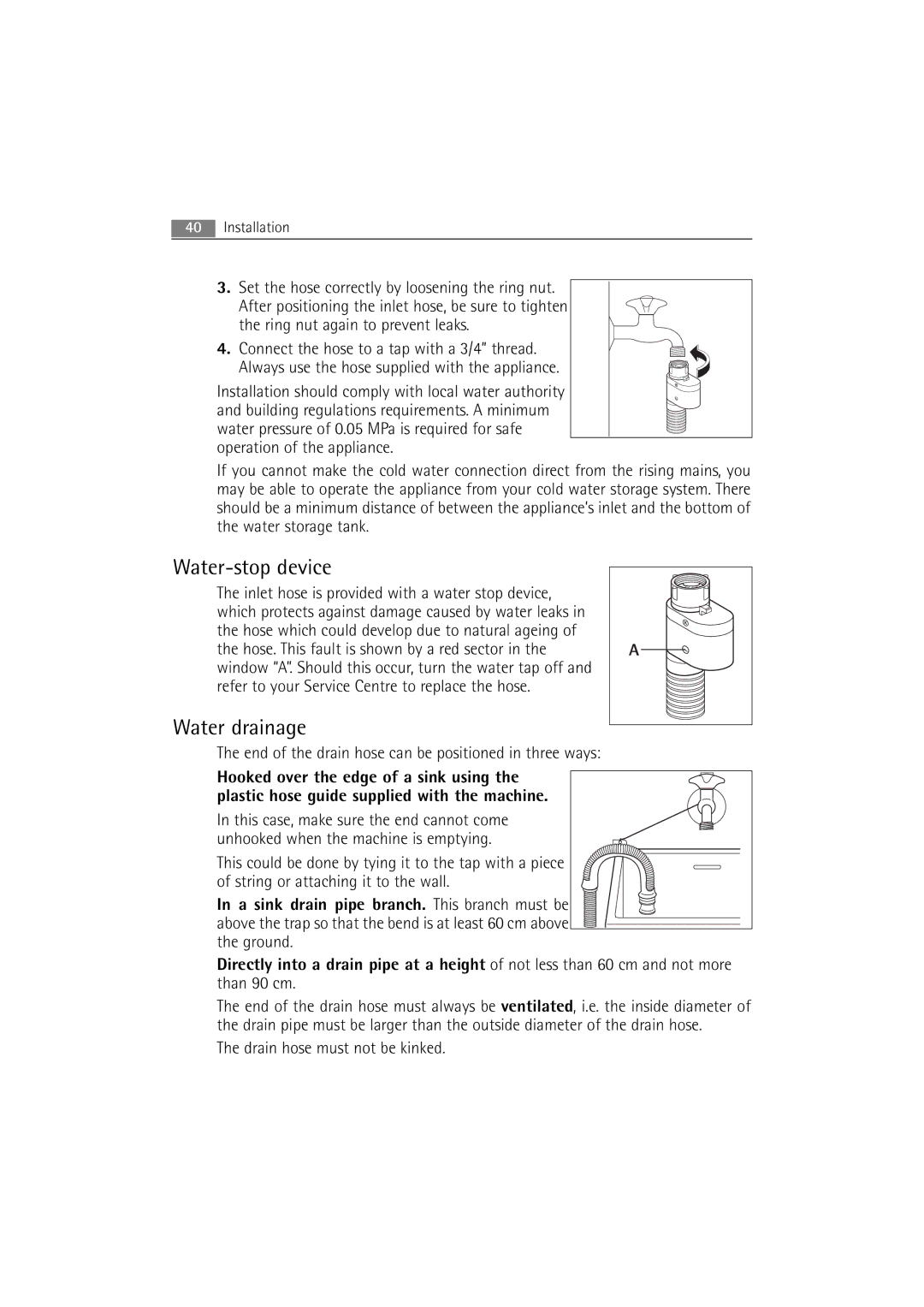 AEG 2252 F user manual Water-stop device, Water drainage, End of the drain hose can be positioned in three ways 