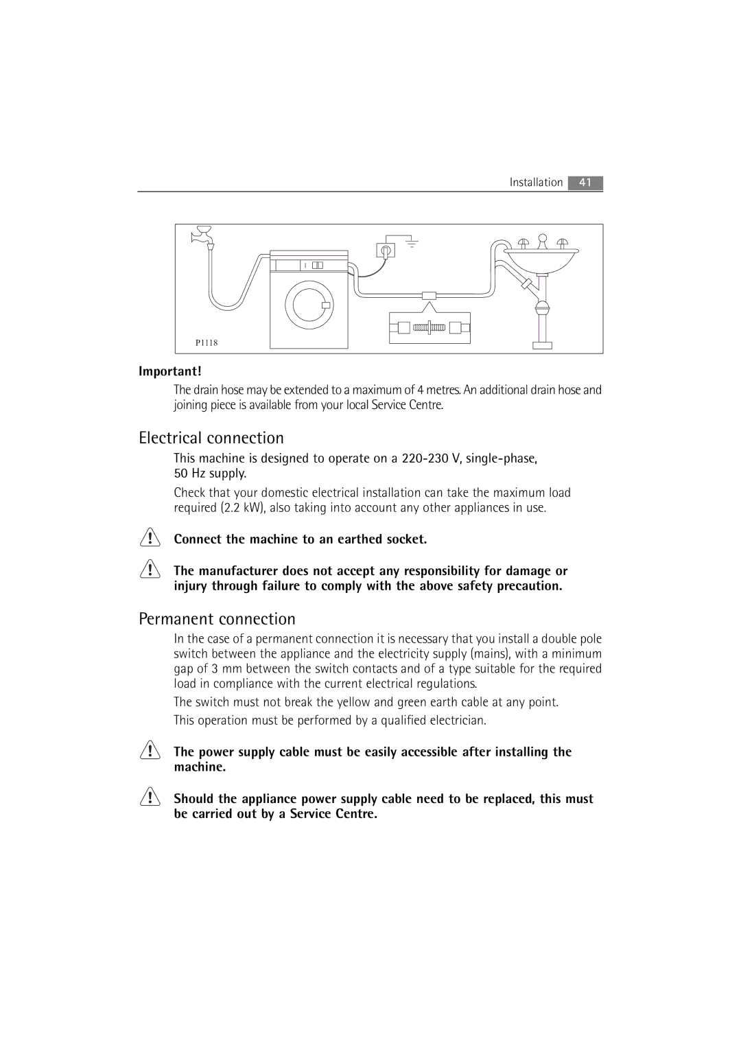 AEG 2252 F user manual Electrical connection, Permanent connection, Connect the machine to an earthed socket 