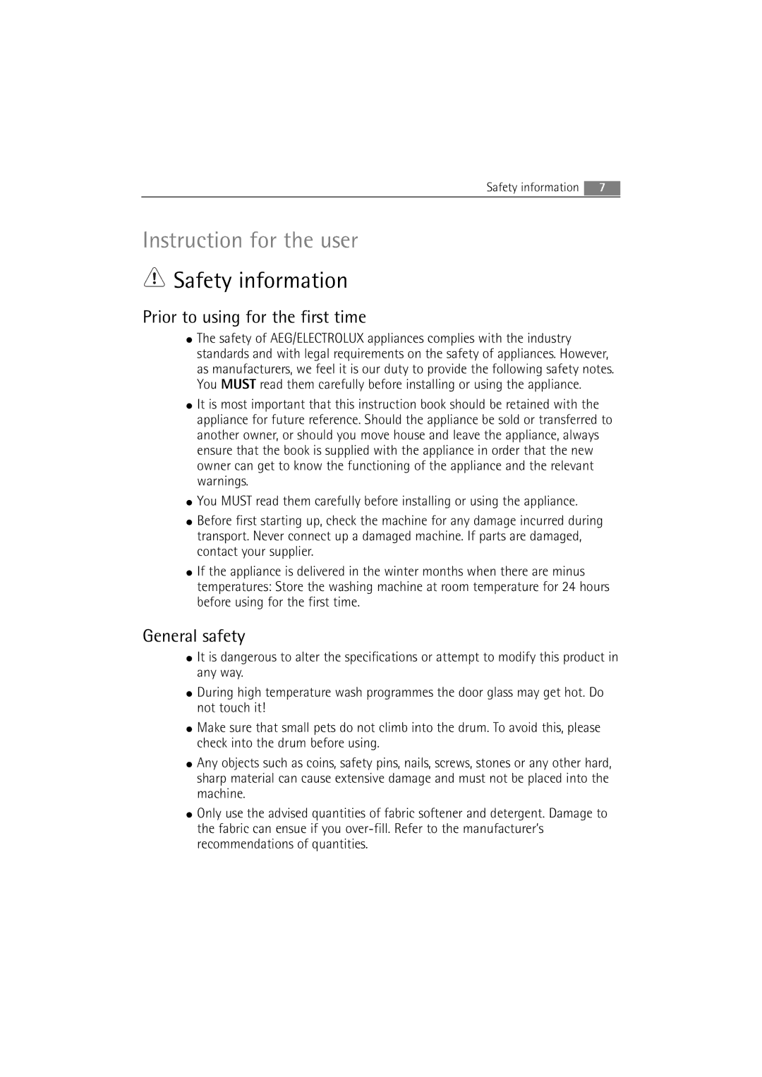 AEG 2252 F user manual Safety information, Prior to using for the first time, General safety 