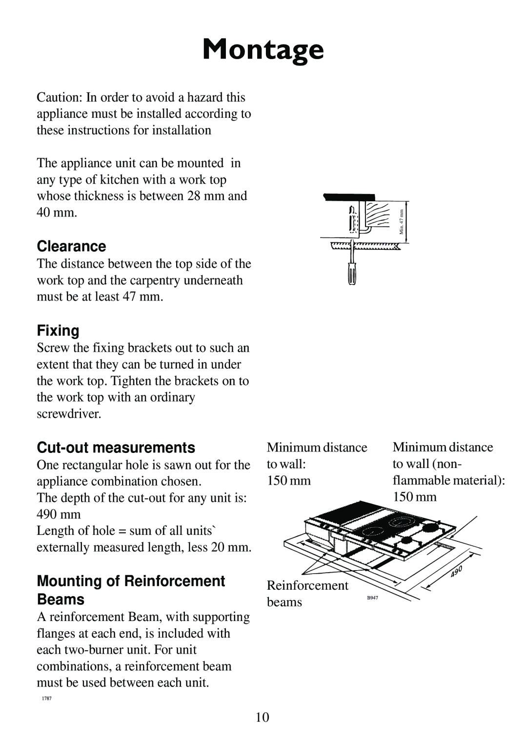 AEG 231GR-M RU 949600674 manual Montage, Clearance, Fixing, Cut-out measurements, Mounting of Reinforcement Beams 