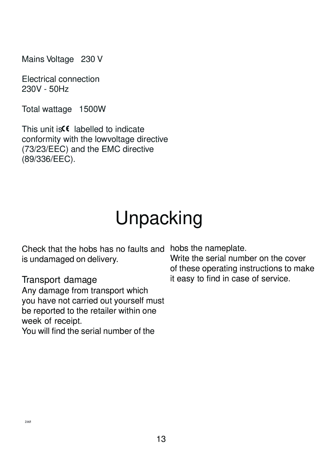 AEG 231GR-M RU 949600674 manual Unpacking, Transport damage 