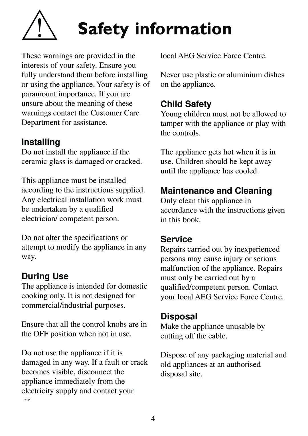 AEG 231GR-M RU 949600674 manual Safety information 