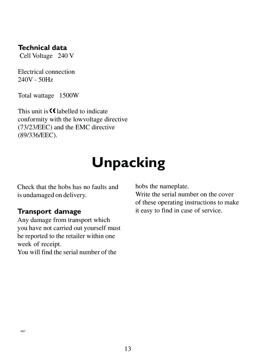 AEG 231GR-M manual Unpacking, Transport damage 