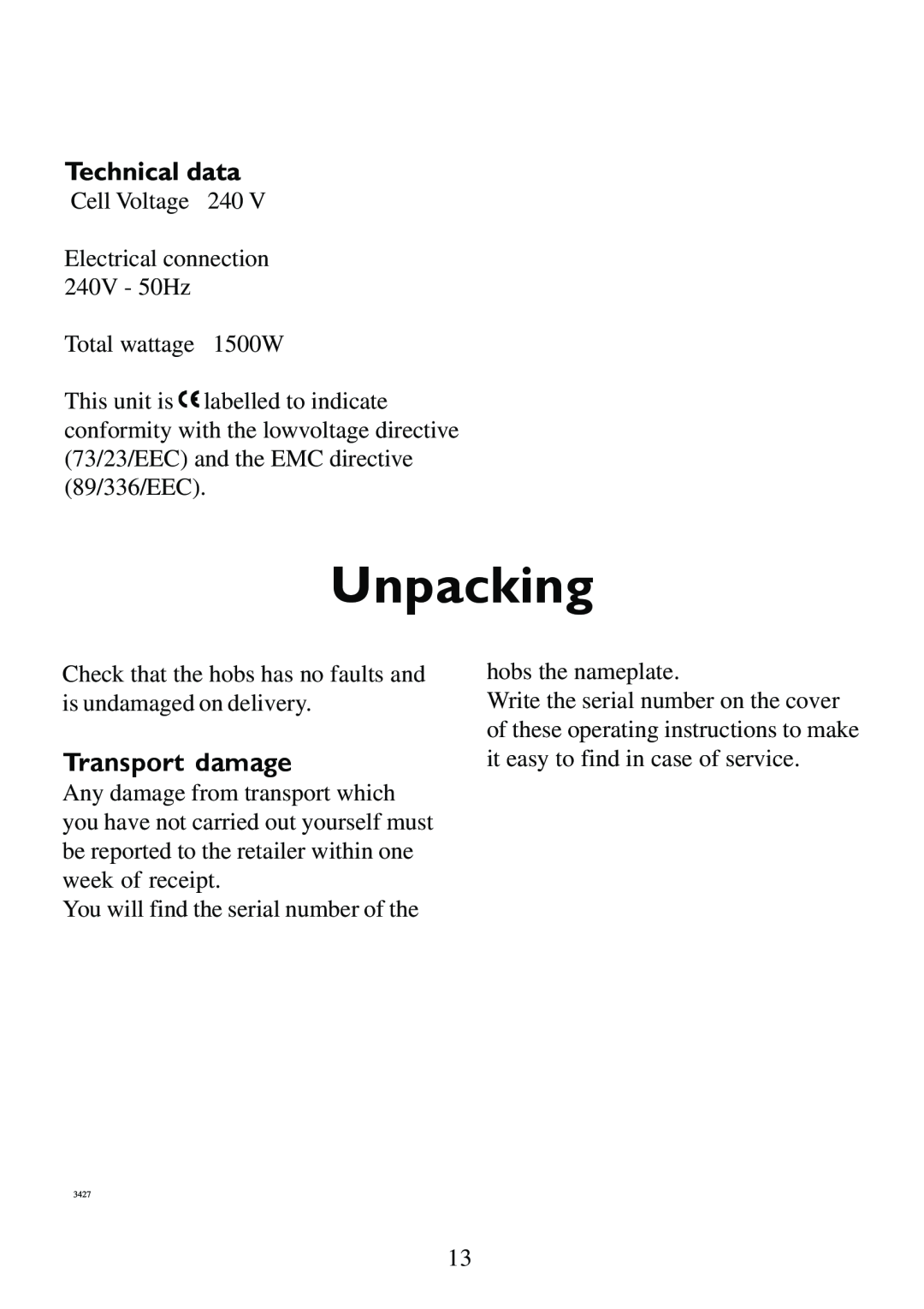 AEG 231GR-M manual Unpacking, Transport damage 