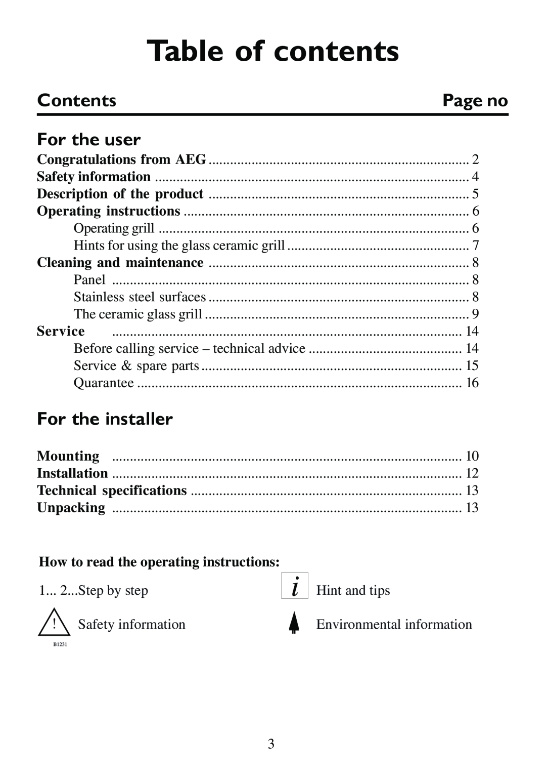 AEG 231GR-M Table of contents, Contents, For the user, For the installer, How to read the operating instructions, Page no 