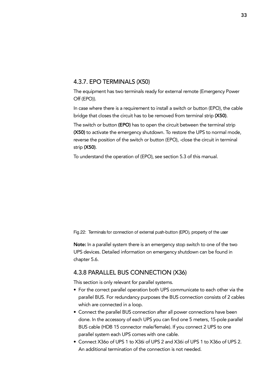 AEG 2.33 2 user manual EPO terminals, Parallel BUS connection 