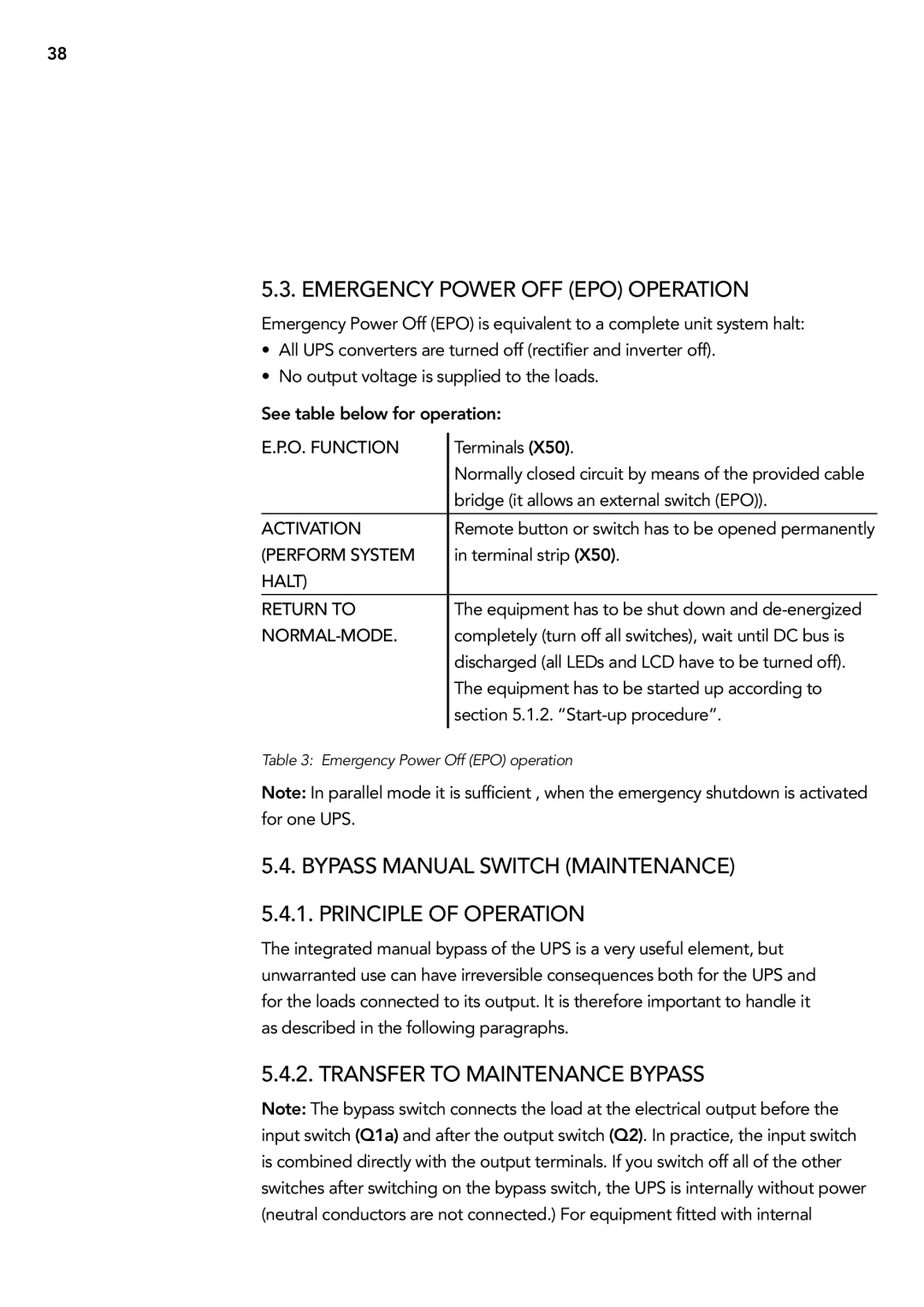 AEG 2.33 2 user manual Emergency power off EPO operation, Bypass manual switch Maintenance Principle of operation 