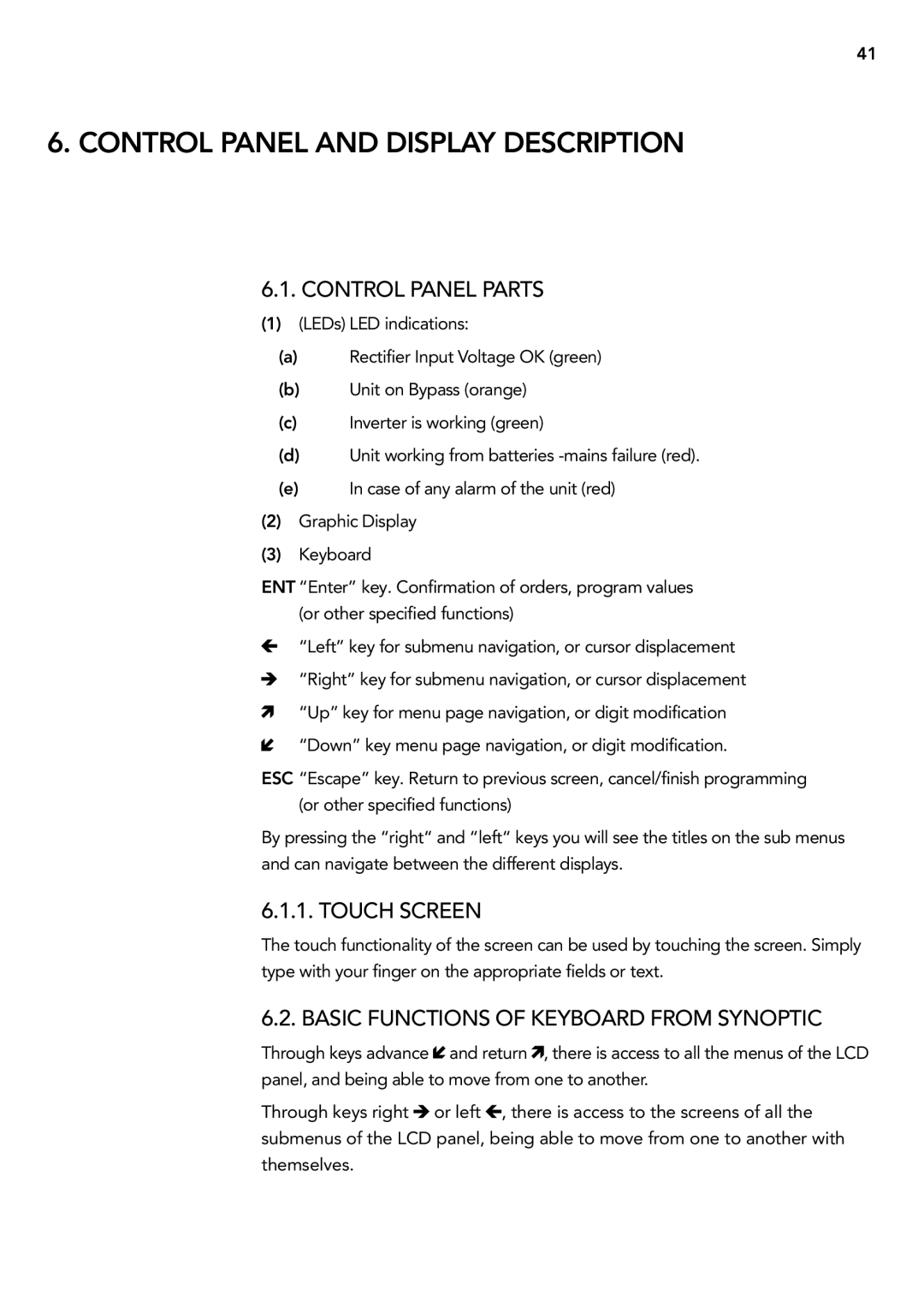 AEG 2.33 2 user manual Control panel and display description, Control panel parts, Touch Screen 