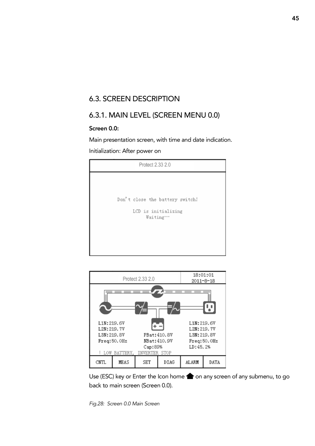 AEG 2.33 2 user manual Screen description Main level screen menu, Screen 0.0 Main Screen 