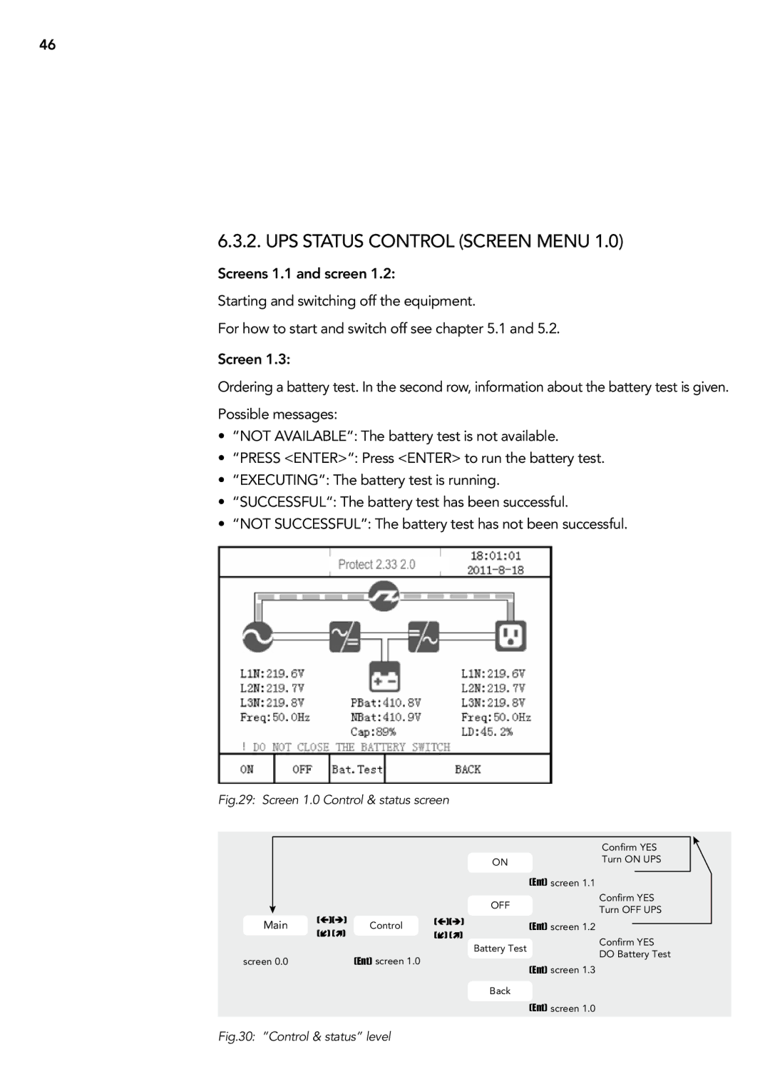 AEG 2.33 2 user manual UPS status control screen menu, Main 