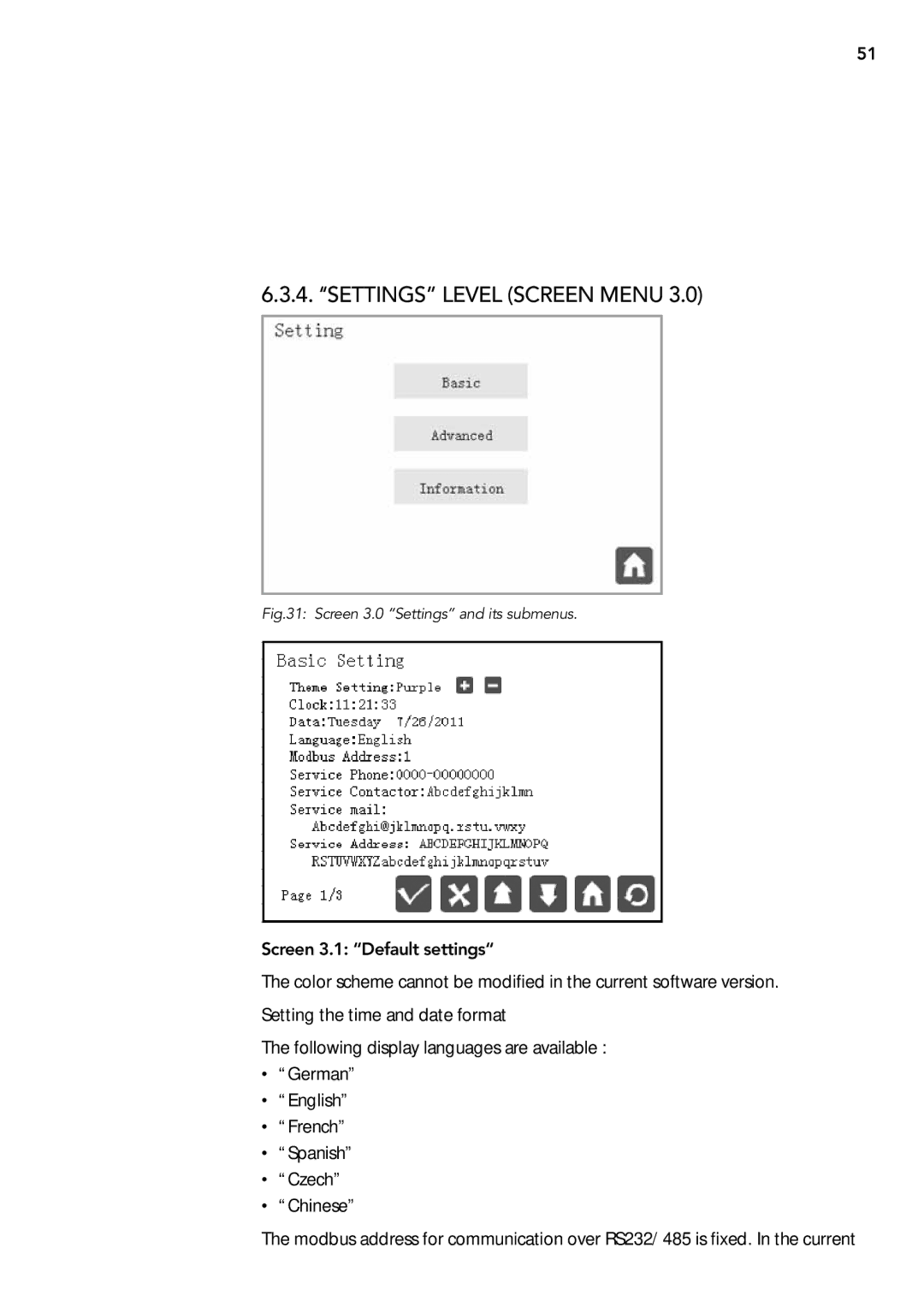 AEG 2.33 2 user manual 4. ‘‘SETTINGS level screen menu, Screen 3.0 Settings and its submenus 