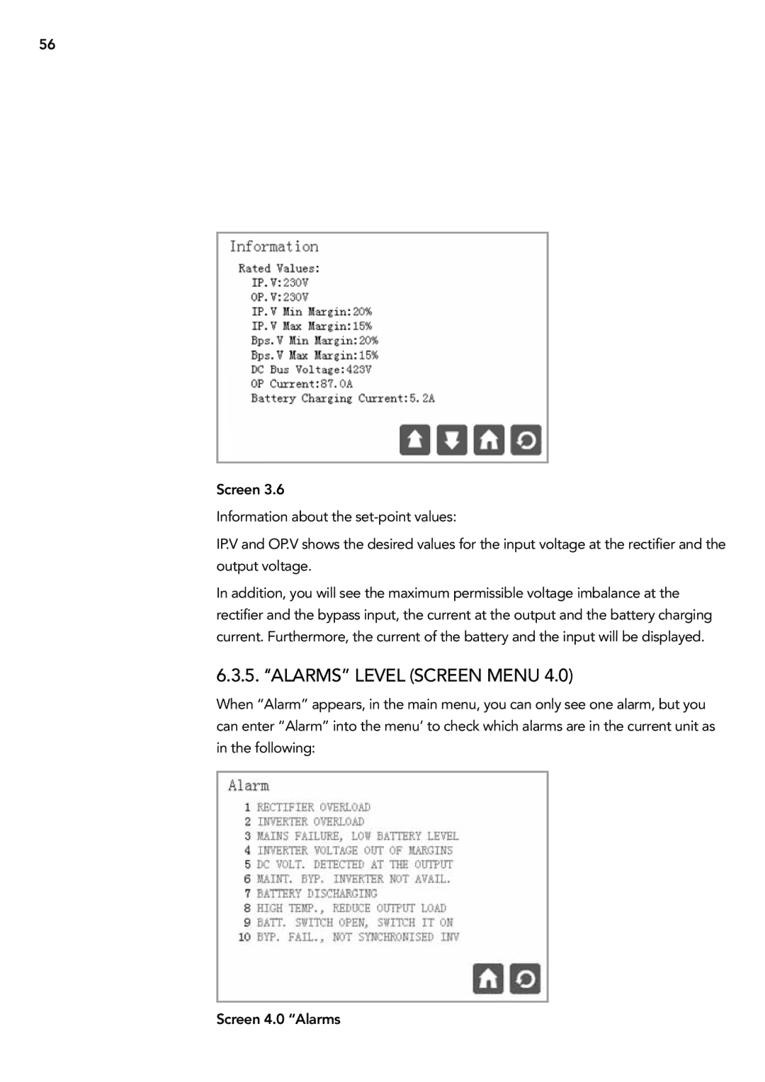 AEG 2.33 2 user manual 5. ‘‘ALARMS level screen menu 