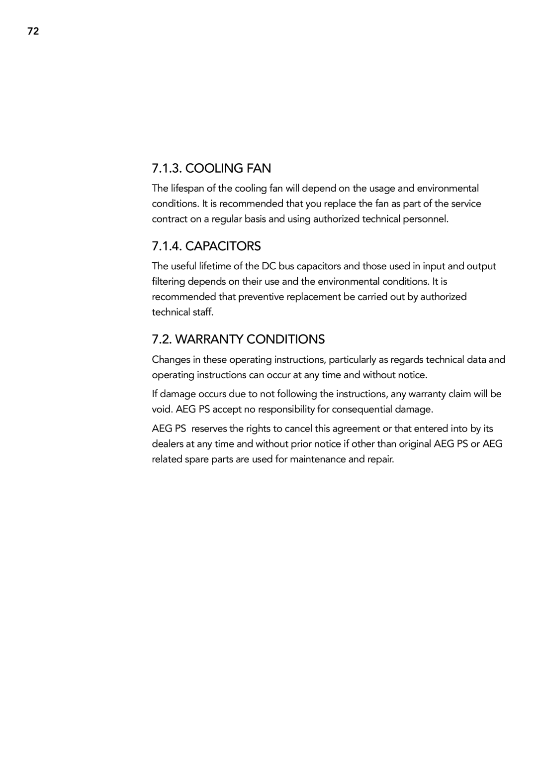 AEG 2.33 2 user manual Cooling Fan, Capacitors, Warranty conditions 