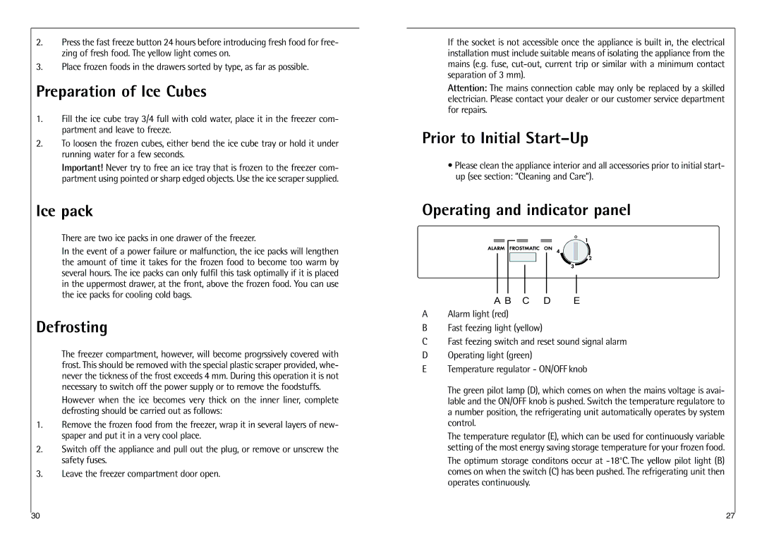 AEG 238-1 GS Preparation of Ice Cubes, Ice pack, Defrosting, Prior to Initial Start-Up, Operating and indicator panel 