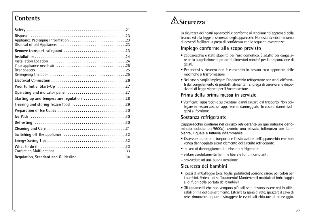 AEG 238-1 GS manual Contents, Sicurezza 