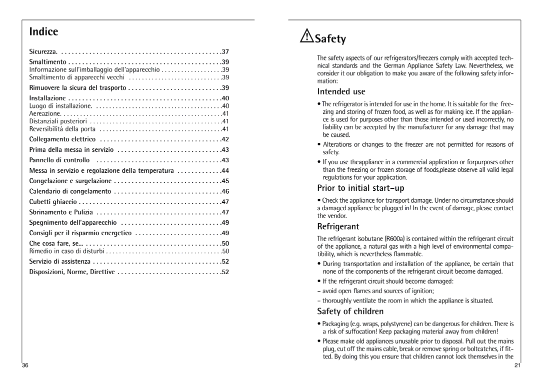 AEG 238-1 GS manual Indice, Safety 