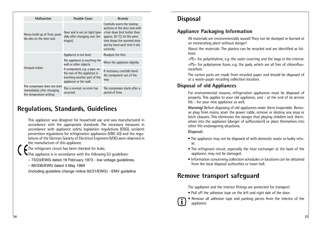 AEG 238-1 GS Disposal, Regulations, Standards, Guidelines, Remove transport safeguard, Appliance Packaging Information 