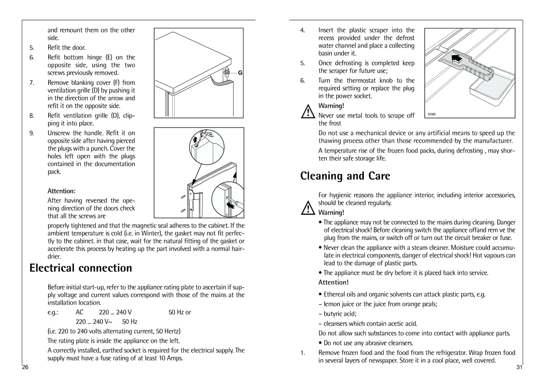 AEG 238-1 GS manual Electrical connection, Cleaning and Care 