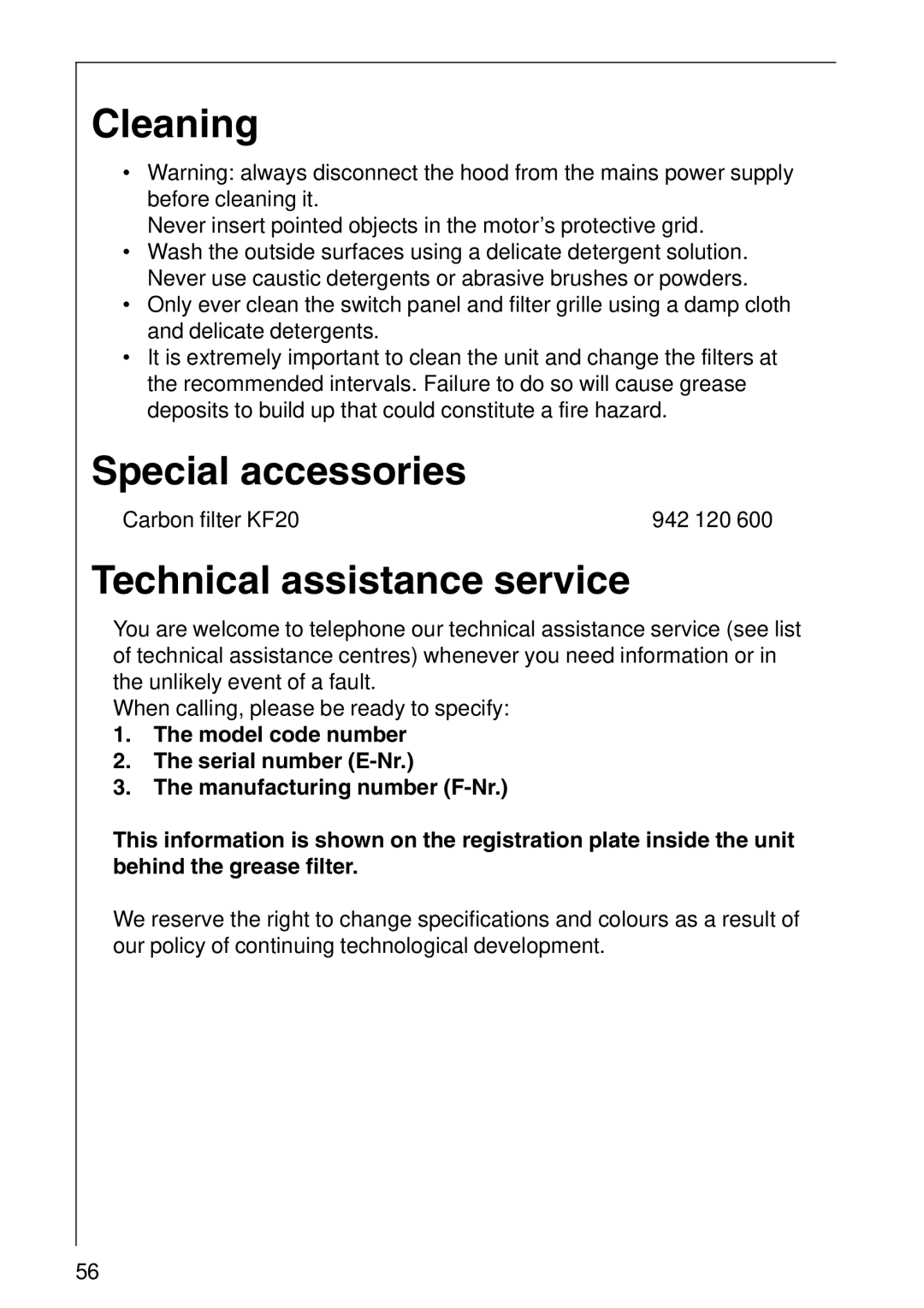 AEG 2460 D, 2490 D installation instructions Cleaning, Special accessories, Technical assistance service 