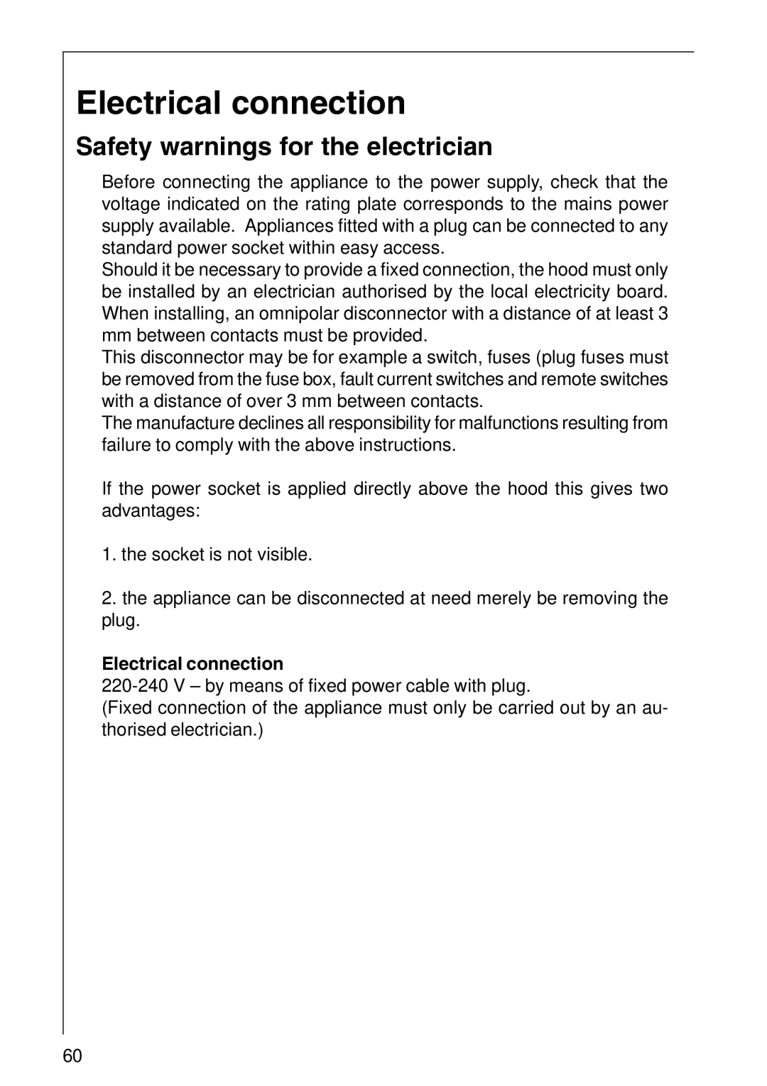 AEG 2460 D, 2490 D installation instructions Electrical connection, Safety warnings for the electrician 