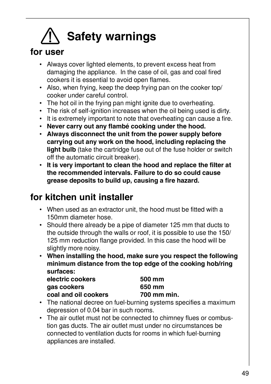 AEG 2490 D, 2460 D installation instructions Safety warnings, For user, For kitchen unit installer 